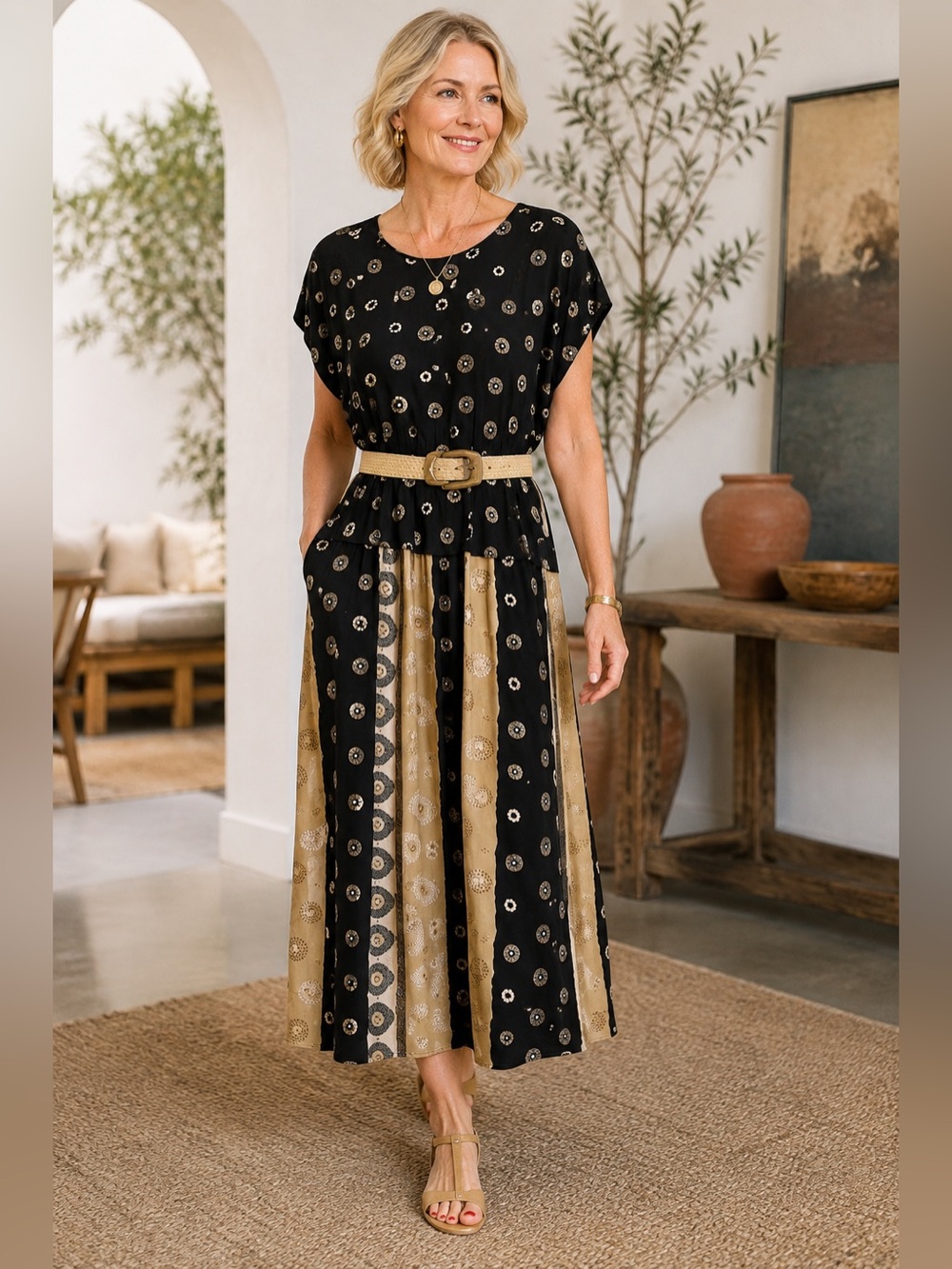 Nina Piccalino Vintage 90s Rayon Maxi Dress Mixed Print Belted Black Tan Retro